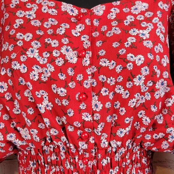 Mouth Valley Red Floral Puffy Sleeve Ruched Waist 1/2 Button Up Crop Top Size M - Picture 6 of 10